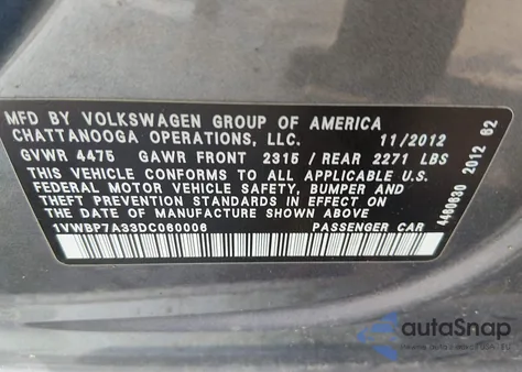 2013 Volkswagen Passat 2.5L Se from USA, damaged, VIN 1VWBP7A33DC060006